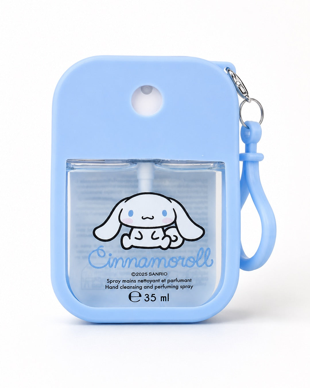 Désinfectant pour les mains en spray bleu de 35 ml avec une illustration de Cinnamoroll et un mousqueton d'attache en plastique.