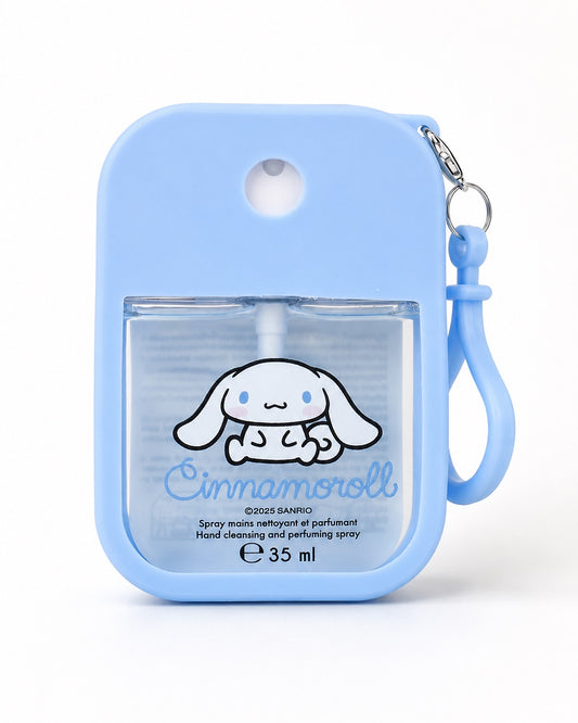 Désinfectant pour les mains en spray bleu de 35 ml avec une illustration de Cinnamoroll et un mousqueton d'attache en plastique.