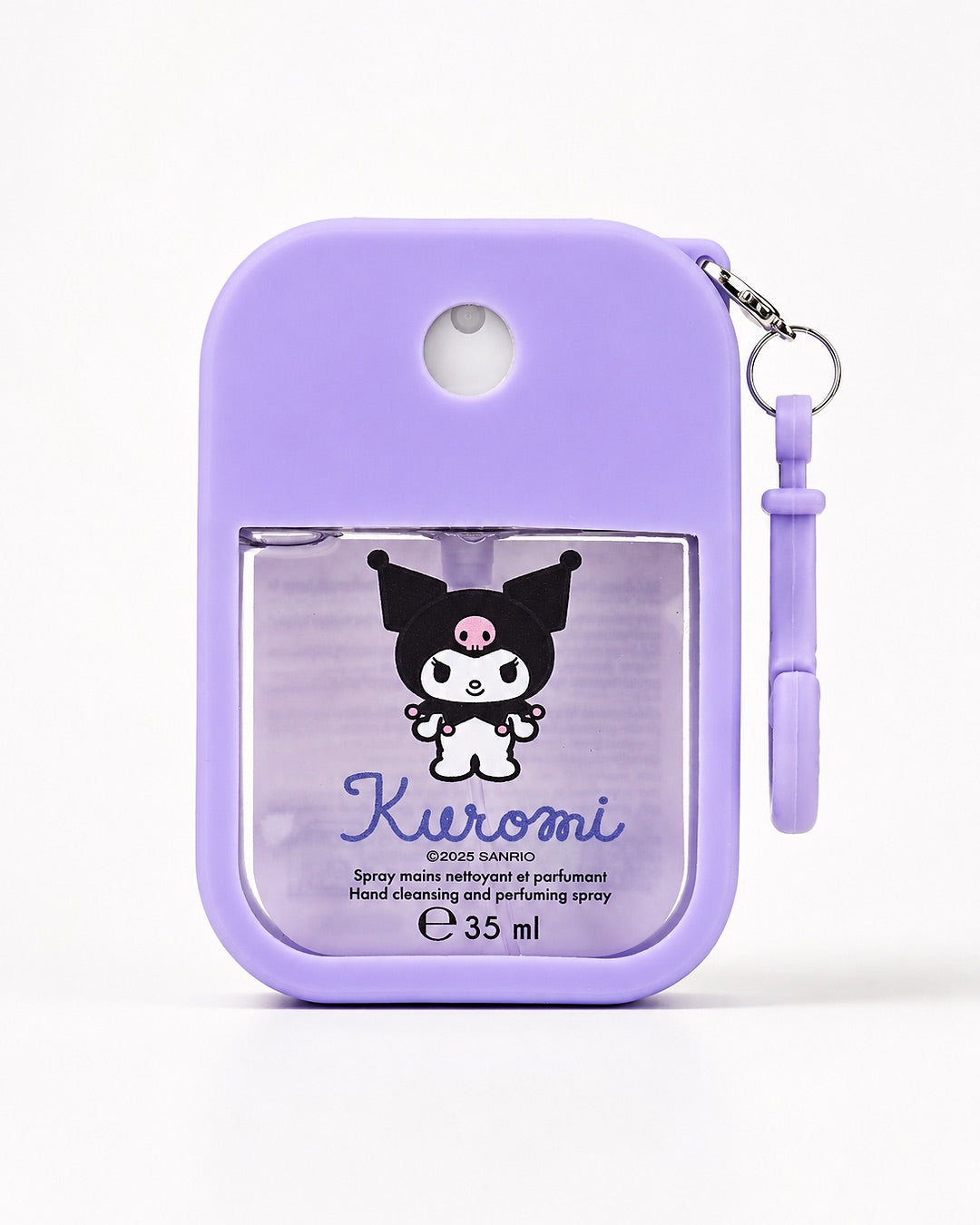 Vue de face d'un spray nettoyant et parfumant pour les mains Kuromi Sanrio de 35 ml dans un étui en silicone violet.