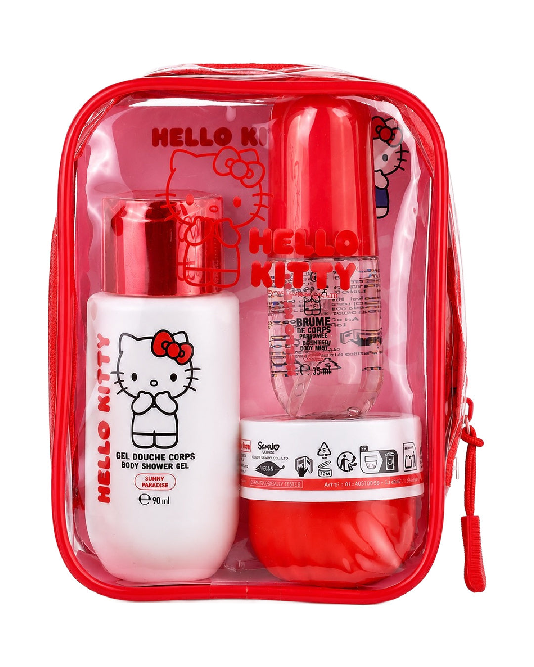 Vue de face de la trousse transparente rouge Hello Kitty contenant un gel douche corps de 90 ml, une brume de corps parfumée de 35 ml et un accessoire de bain.
