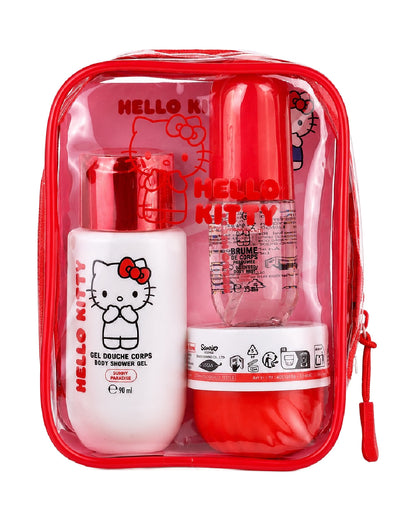 Vue de face de la trousse transparente rouge Hello Kitty contenant un gel douche corps de 90 ml, une brume de corps parfumée de 35 ml et un accessoire de bain.