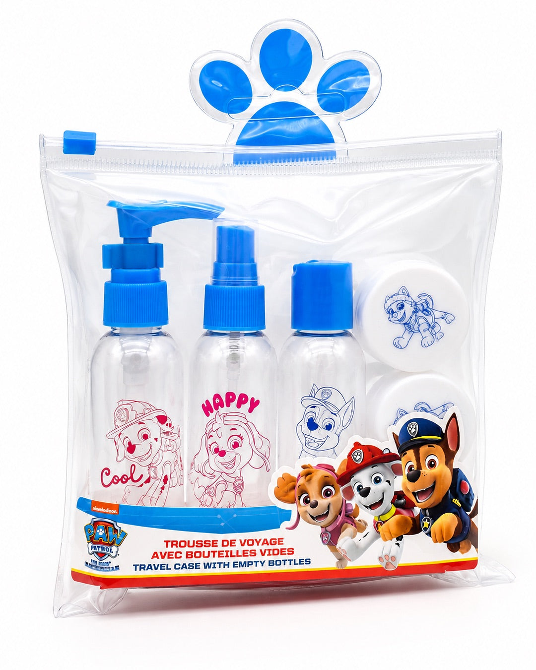 Trousse transparente La Pat' Patrouille contenant trois flacons de voyage bleues et deux pots blancs illustrant Marcus, Stella et Chase.