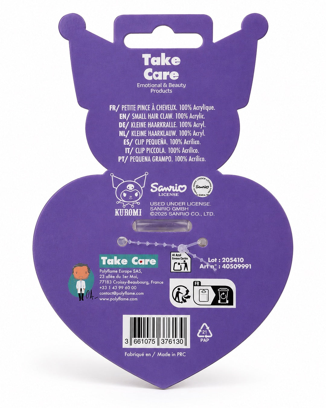 Vue arrière de l'emballage violet de la petite pince à cheveux carrée Kuromi montrant le code-barres et les instructions.