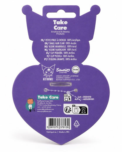 Vue arrière de l'emballage violet de la petite pince à cheveux carrée Kuromi montrant le code-barres et les instructions.