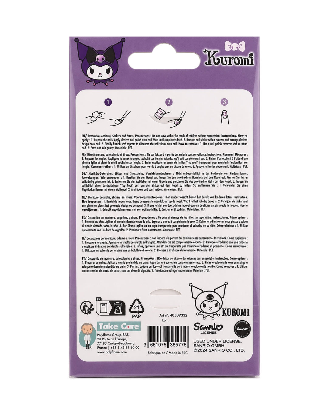 Vue arrière de l'emballage de l'ensemble de manucure Kuromi montrant les instructions imagées de pose, le code-barres et les détails.