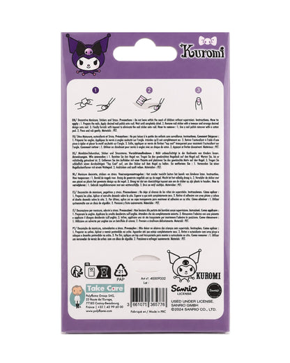 Vue arrière de l'emballage de l'ensemble de manucure Kuromi montrant les instructions imagées de pose, le code-barres et les détails.