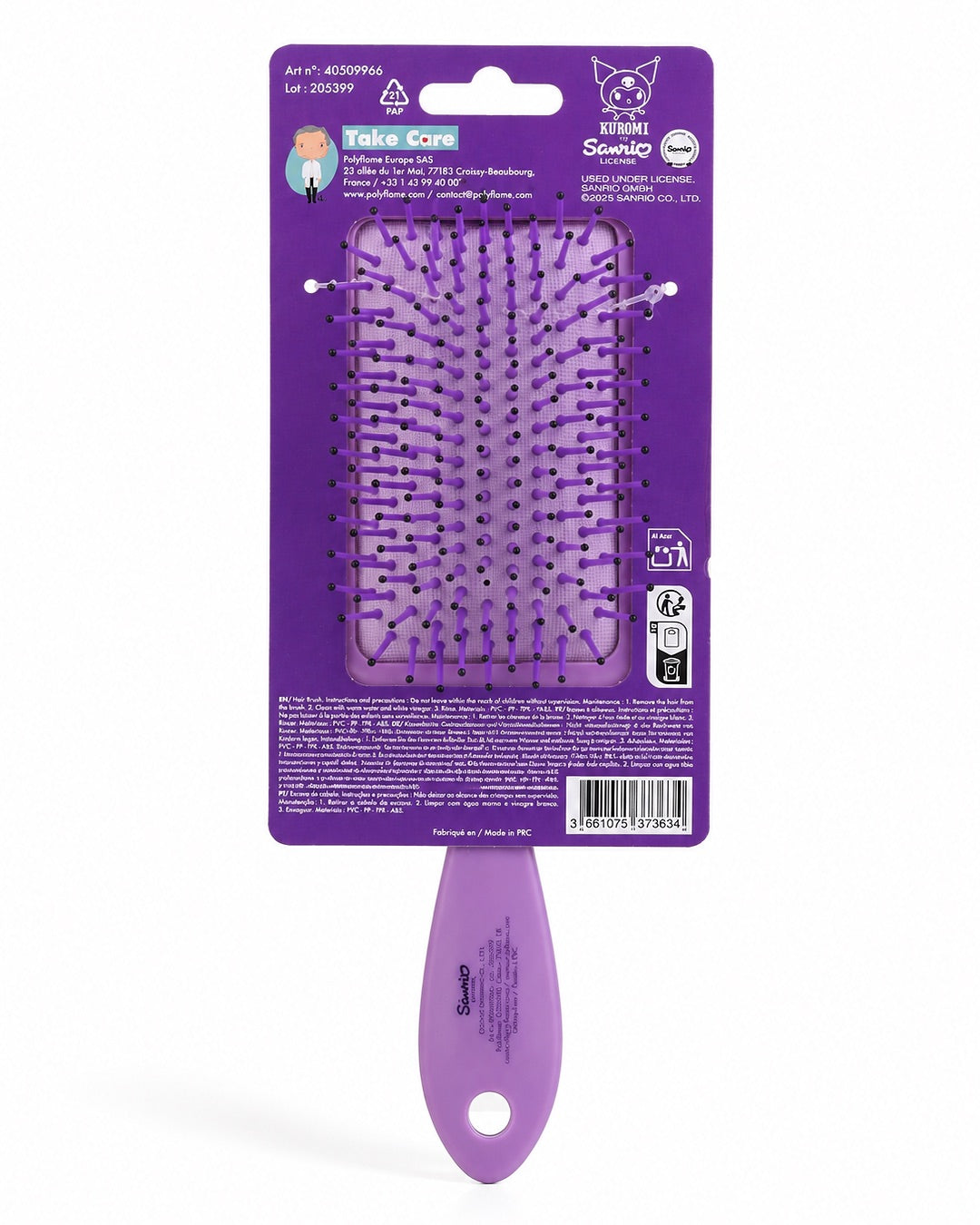 Vue arrière de l'emballage de la brosse à cheveux Kuromi montrant le code-barres et les détails du produit.