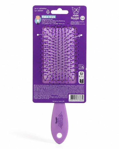 Vue arrière de l'emballage de la brosse à cheveux Kuromi montrant le code-barres et les détails du produit.