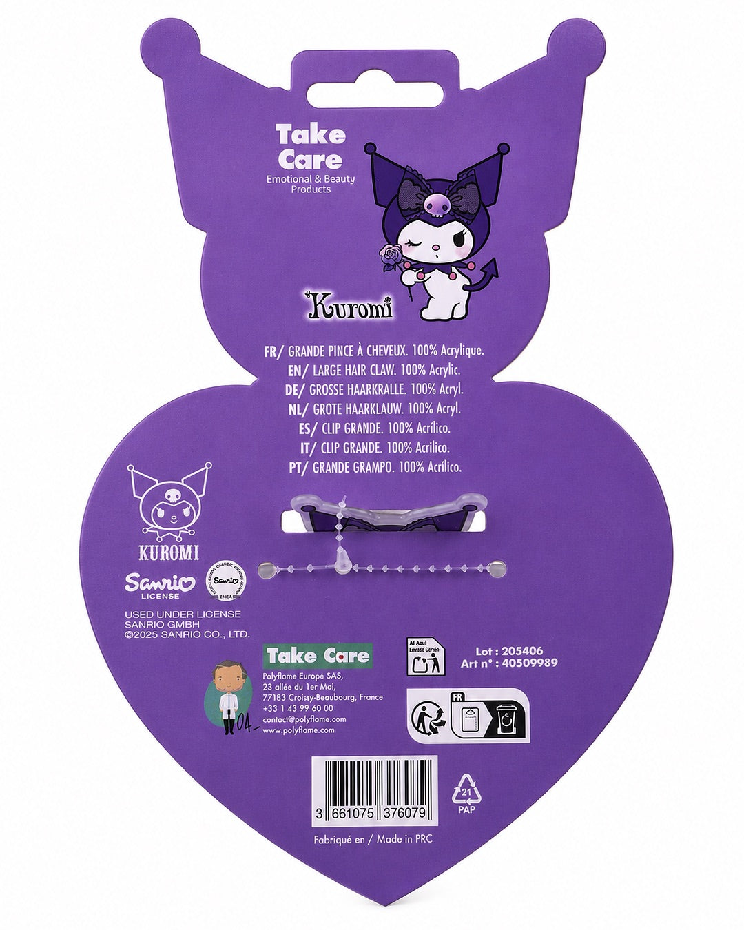 Vue arrière de l'emballage violet de la grande pince à cheveux carrée Kuromi montrant le code-barres et les instructions.