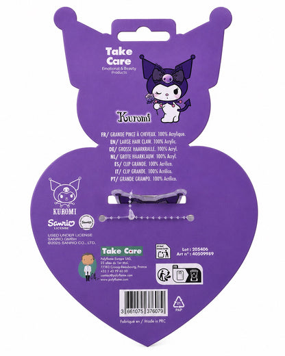 Vue arrière de l'emballage violet de la grande pince à cheveux carrée Kuromi montrant le code-barres et les instructions.