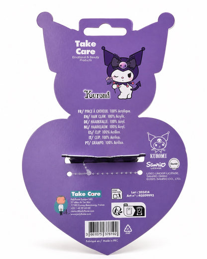 Vue du verso de la pince à cheveux compacte de Kuromi Sanrio dans son emballage cartonné violet avec des inscription, un code barre et la marque Takes Care.