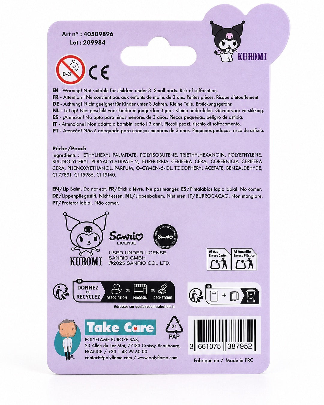 Vue arrière du blister de baume à lèvres Kuromi montrant la liste des ingrédients, le code-barres et les précautions.