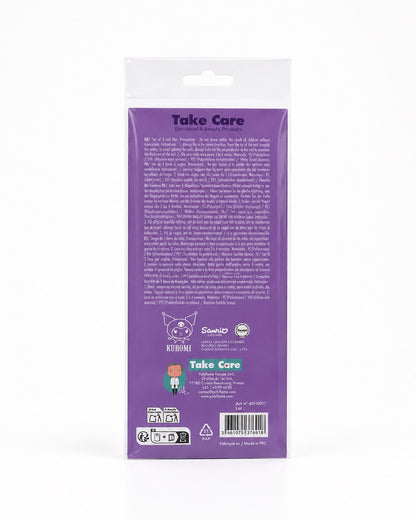 L'endos violet  de l'ensemble de lime à ongles de Kuromi Sanrio de la marque Take Care et ses informations.